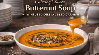 Butternut soup for catering menus with infused oil