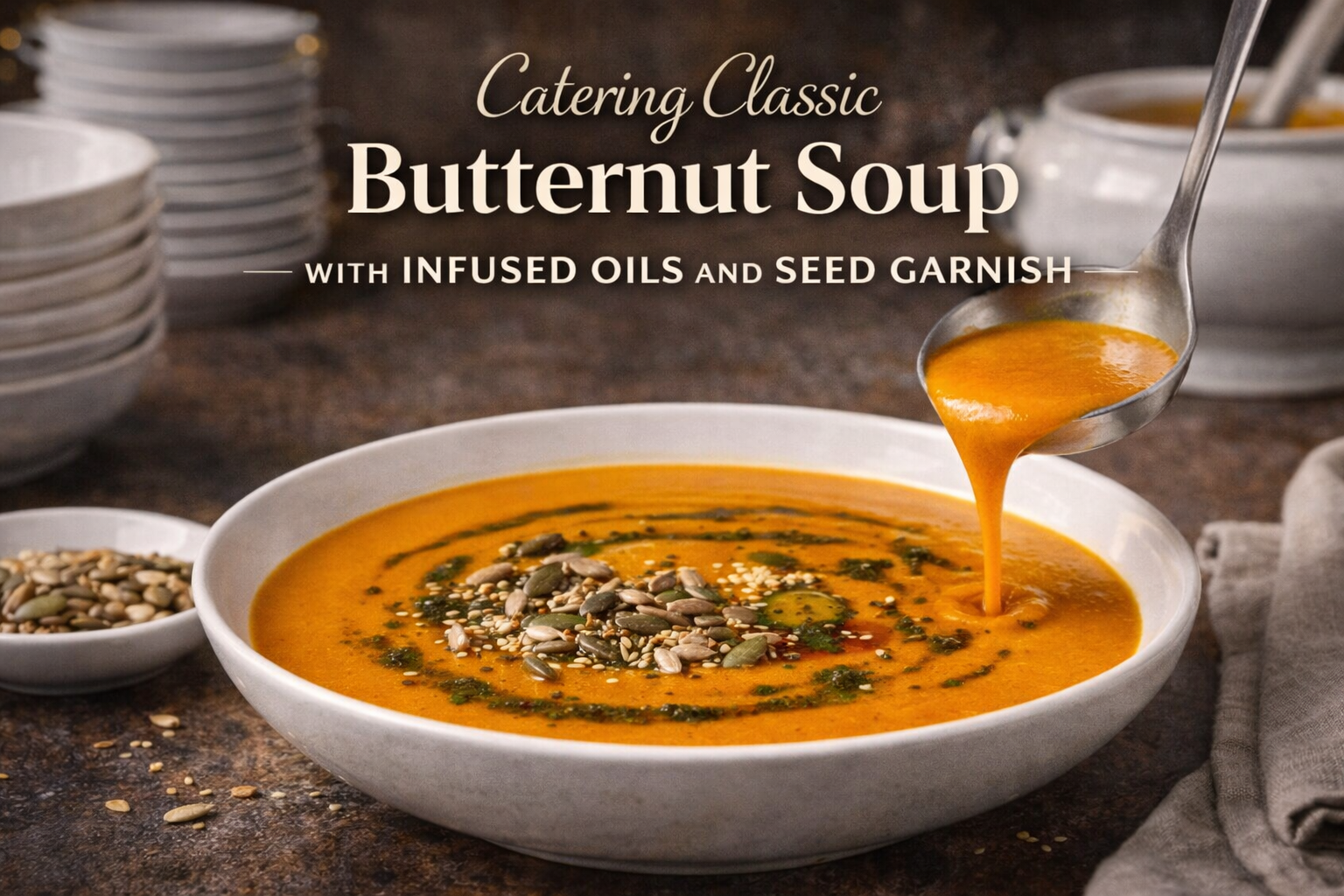 Butternut soup for catering menus with infused oil