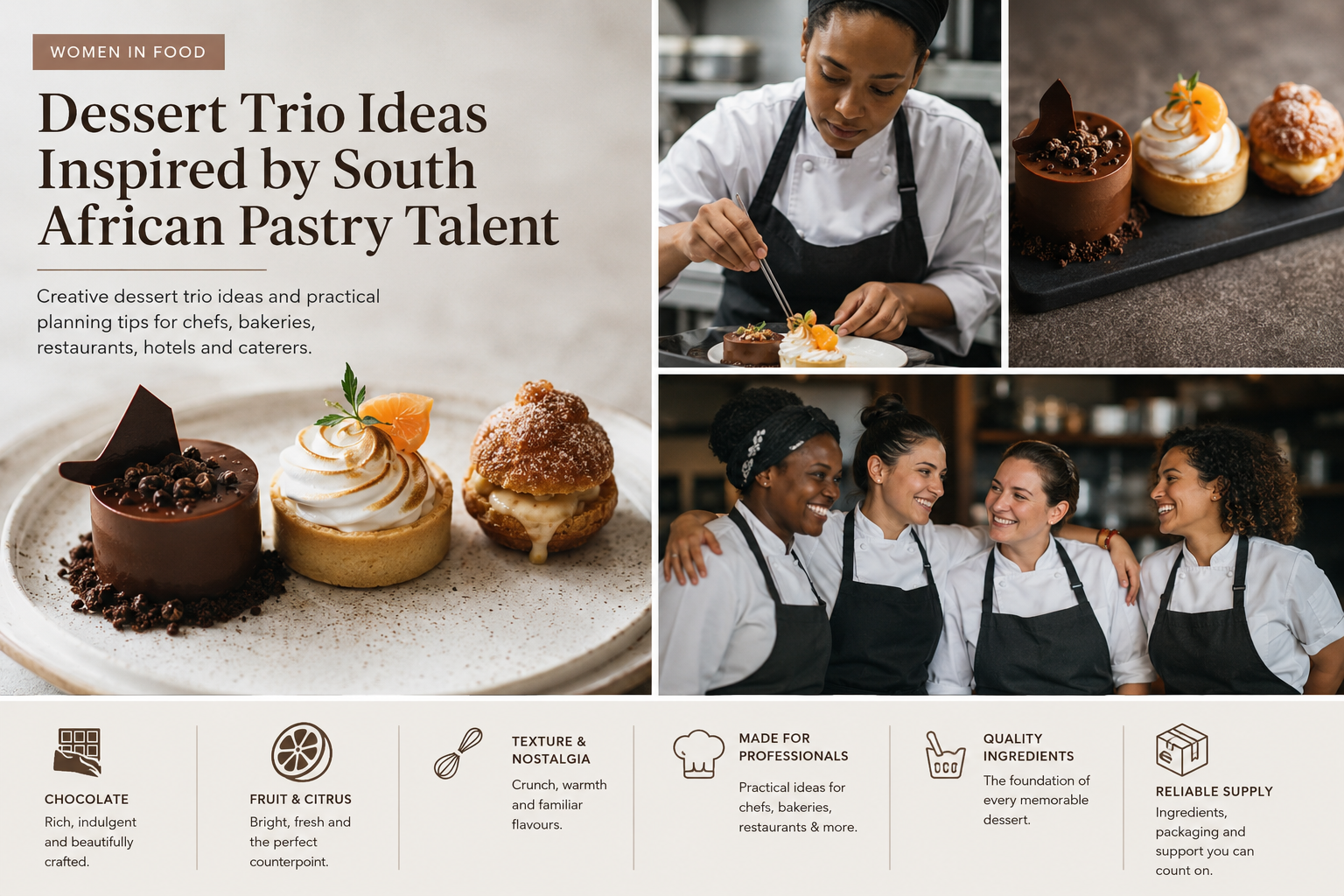 Elegant dessert trio with chocolate fruit and pastry elements